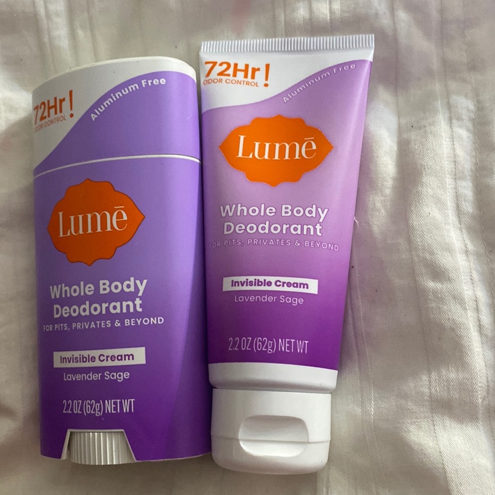 Lume whole body, deodorant, invisible cream/lavender sage, 2.2 ounces each.